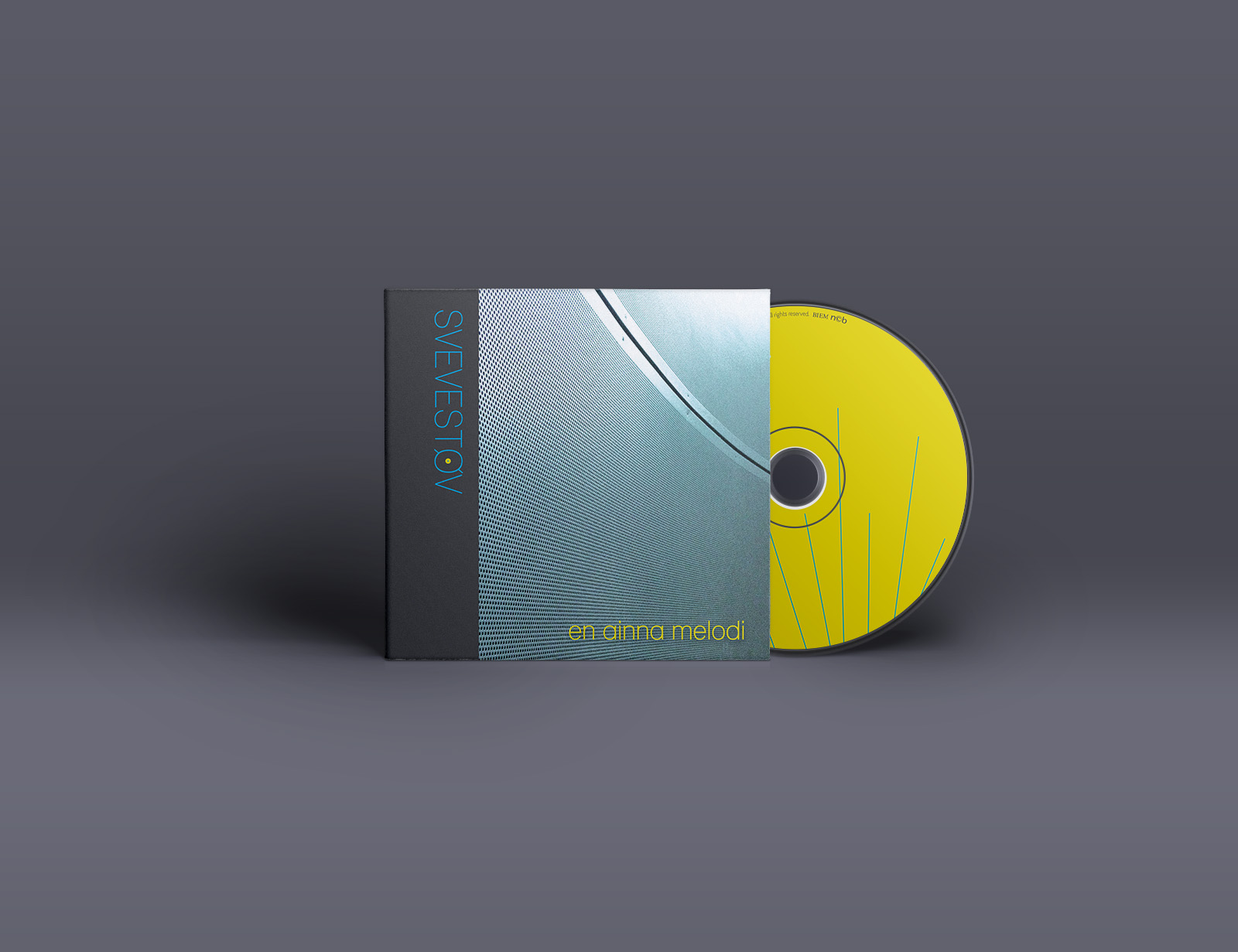 Foto mock-up av cd cover med label stikkende ut fra siden